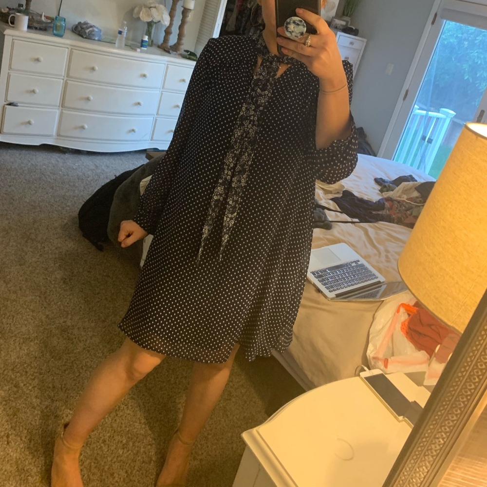 Blue and white polka dot shift dress